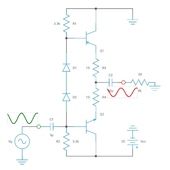 Complementary symmetry amplifier with diodes