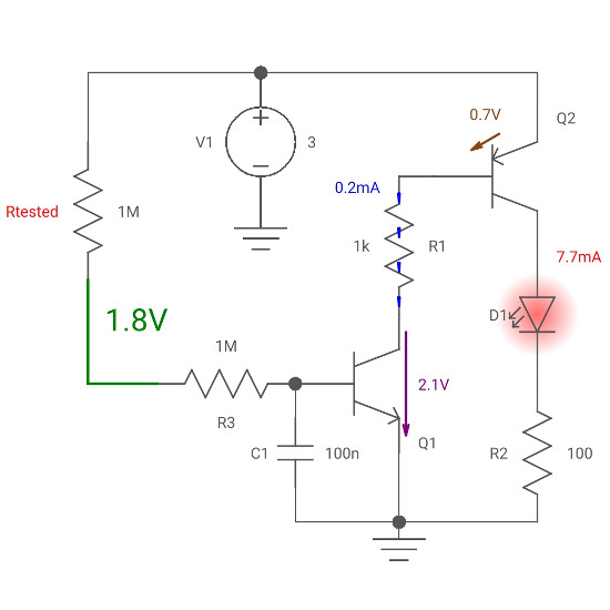 Continuity tester using two transistors