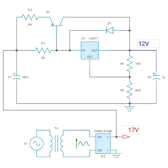 LM317 regulator with pass transistor