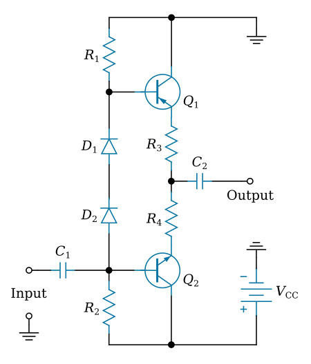 Complementary symmetry circuit with biasing diodes